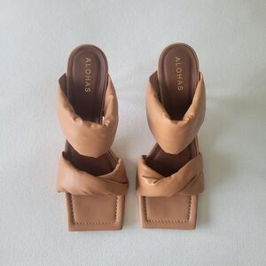 ALOHAS Tan Natasha Puffy Mule Square Toe Heels